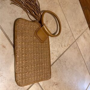 HOBO Woven Straw Wristlet in Tan with Leather Handle